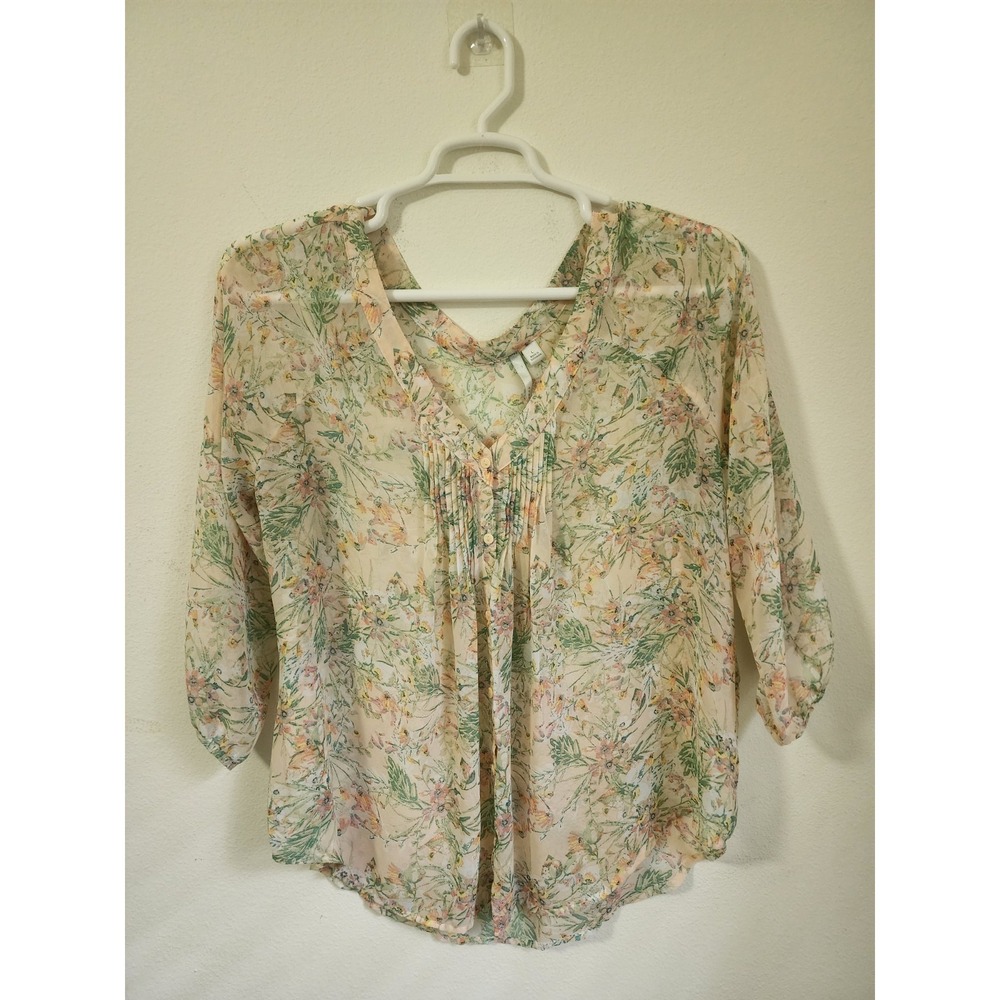 Lauren Conrad Women's Blouse Peach Green Floral Size L‎ Semi Sheer Boho Fairy